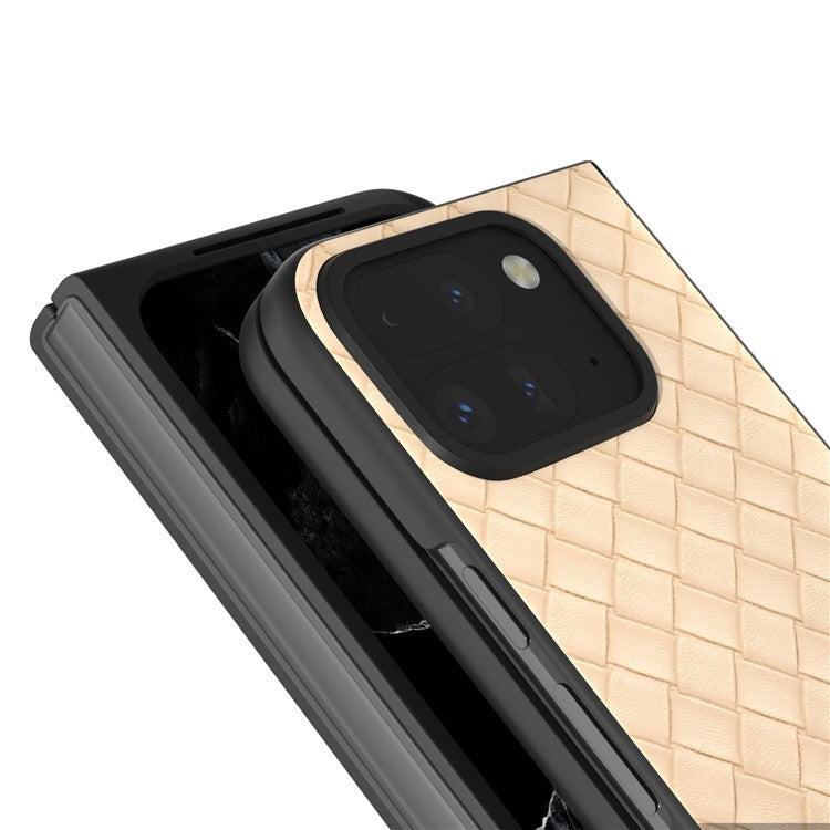 For Google Pixel 9 Pro Fold 5G Case Woven Texture PU Leather Coated PC Mobile Phone Cover - Beige