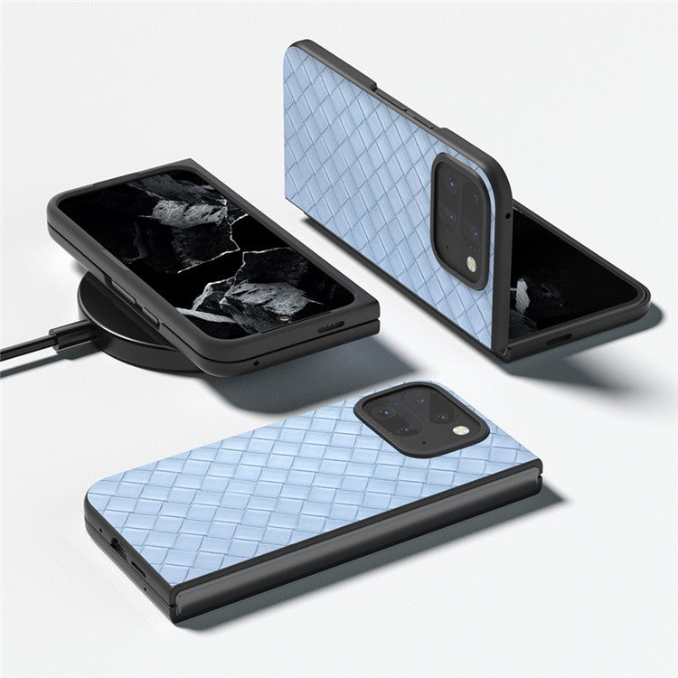For Google Pixel 9 Pro Fold 5G Case Woven Texture PU Leather Coated PC Mobile Phone Cover - Baby Blue