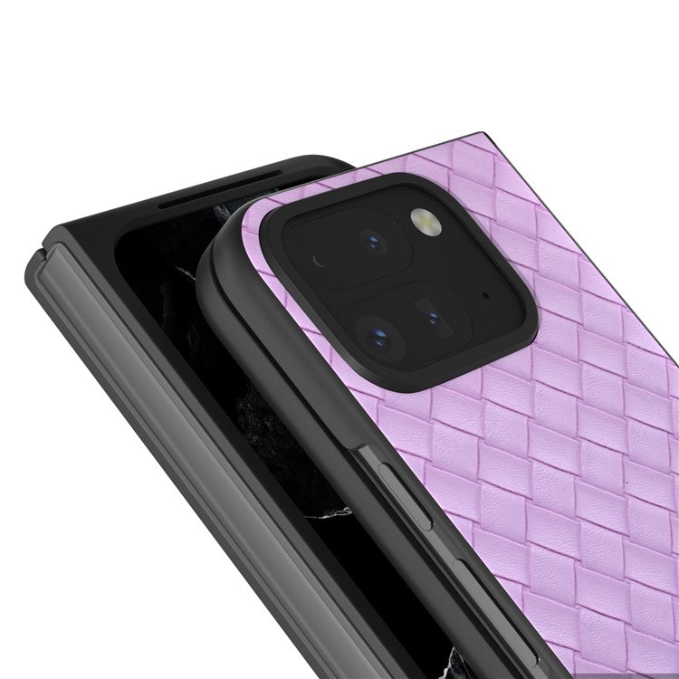 For Google Pixel 9 Pro Fold 5G Case Woven Texture PU Leather Coated PC Mobile Phone Cover - Purple