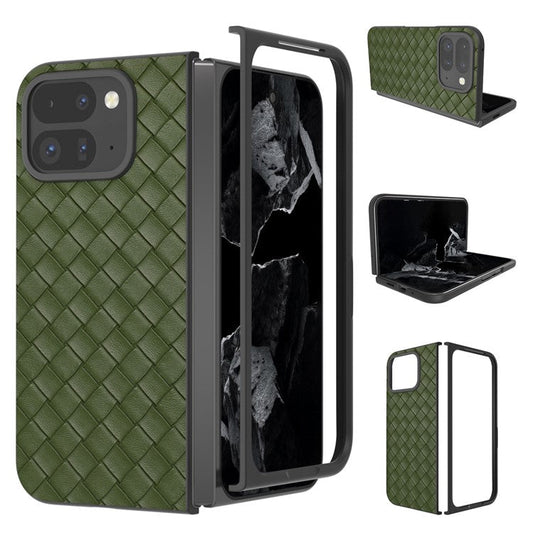 For Google Pixel 9 Pro Fold 5G Case Woven Texture PU Leather Coated PC Mobile Phone Cover - Green