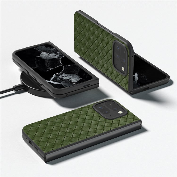 For Google Pixel 9 Pro Fold 5G Case Woven Texture PU Leather Coated PC Mobile Phone Cover - Green