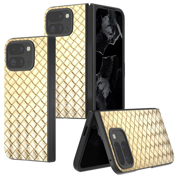 For Google Pixel 9 Pro Fold 5G Case Woven Texture PU Leather Coated PC Mobile Phone Cover - Gold