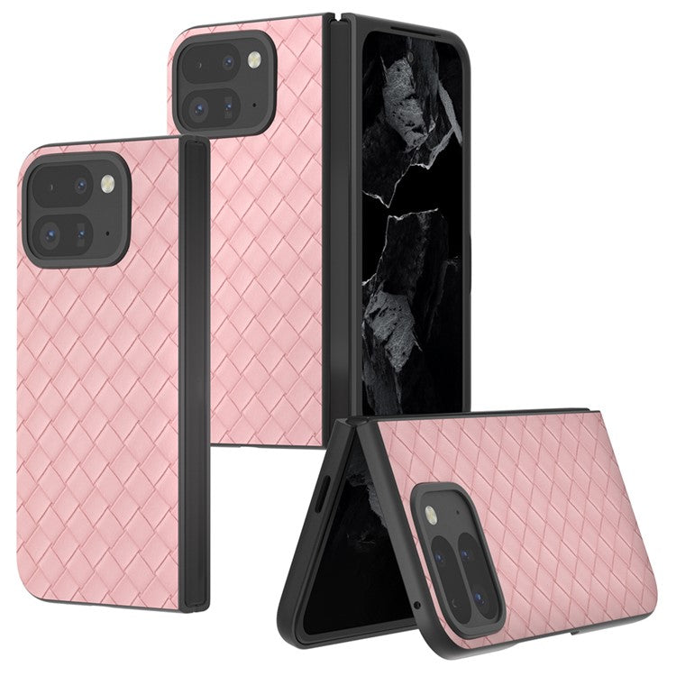 For Google Pixel 9 Pro Fold 5G Case Woven Texture PU Leather Coated PC Mobile Phone Cover - Pink