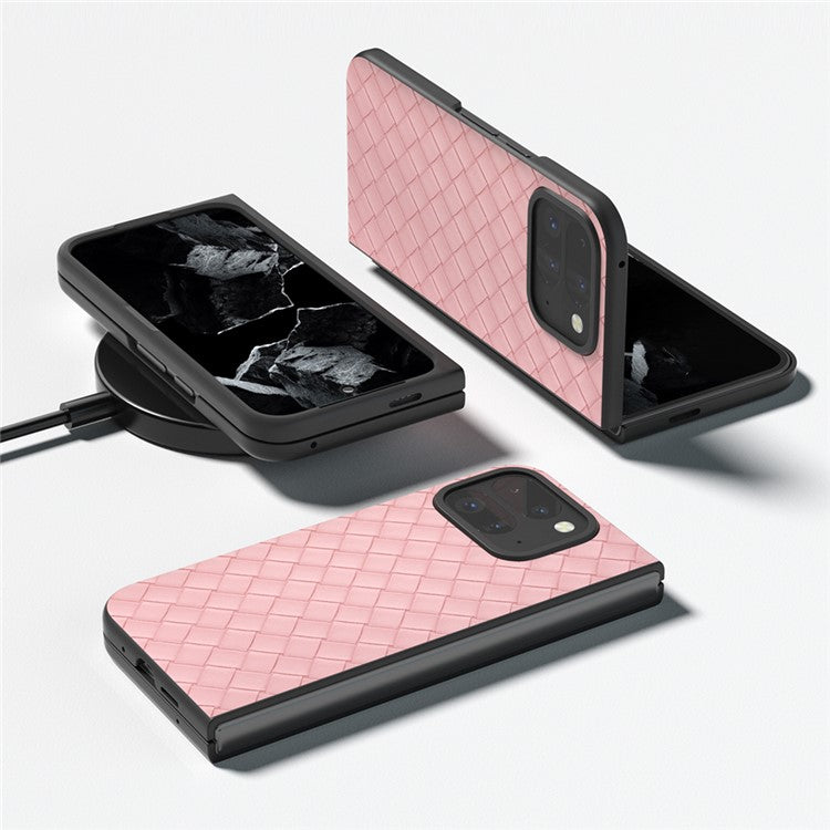 For Google Pixel 9 Pro Fold 5G Case Woven Texture PU Leather Coated PC Mobile Phone Cover - Pink