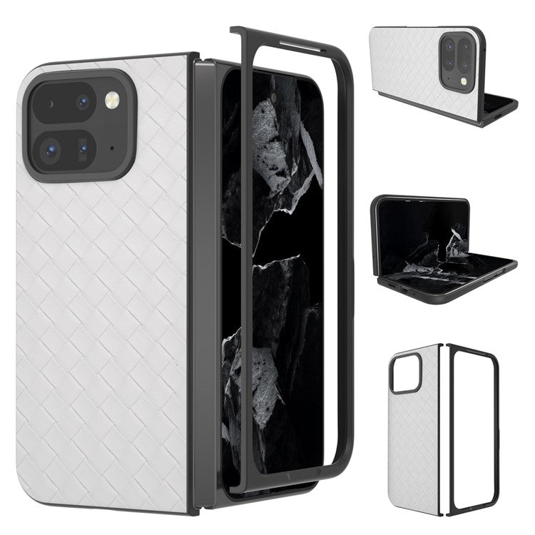For Google Pixel 9 Pro Fold 5G Case Woven Texture PU Leather Coated PC Mobile Phone Cover - White