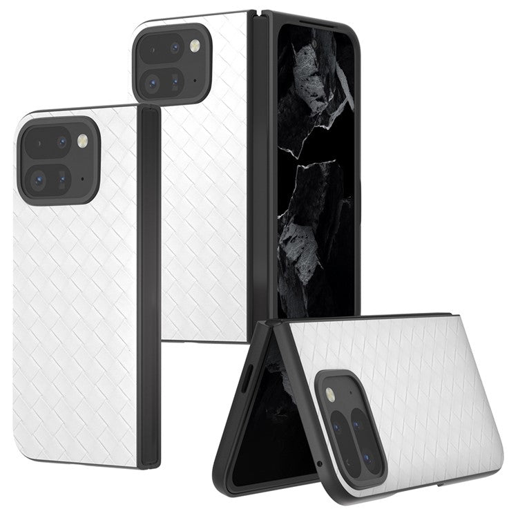 For Google Pixel 9 Pro Fold 5G Case Woven Texture PU Leather Coated PC Mobile Phone Cover - White