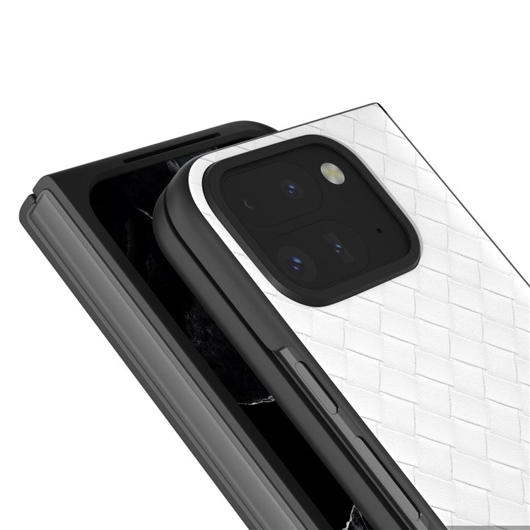 For Google Pixel 9 Pro Fold 5G Case Woven Texture PU Leather Coated PC Mobile Phone Cover - White