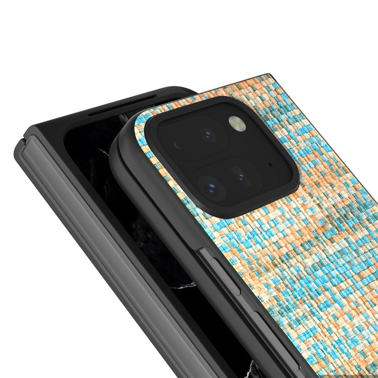For Google Pixel 9 Pro Fold 5G Case Leather+PC Phone Cover Plaid Texture - Blue