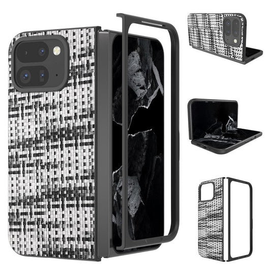 For Google Pixel 9 Pro Fold 5G Case Leather+PC Phone Cover Plaid Texture - Black+White
