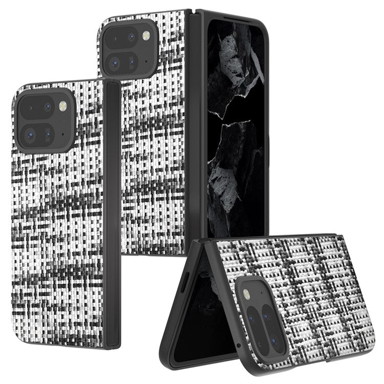 For Google Pixel 9 Pro Fold 5G Case Leather+PC Phone Cover Plaid Texture - Black+White