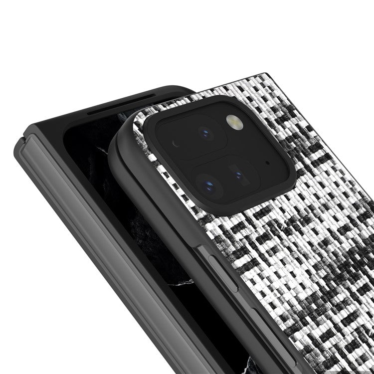 For Google Pixel 9 Pro Fold 5G Case Leather+PC Phone Cover Plaid Texture - Black+White