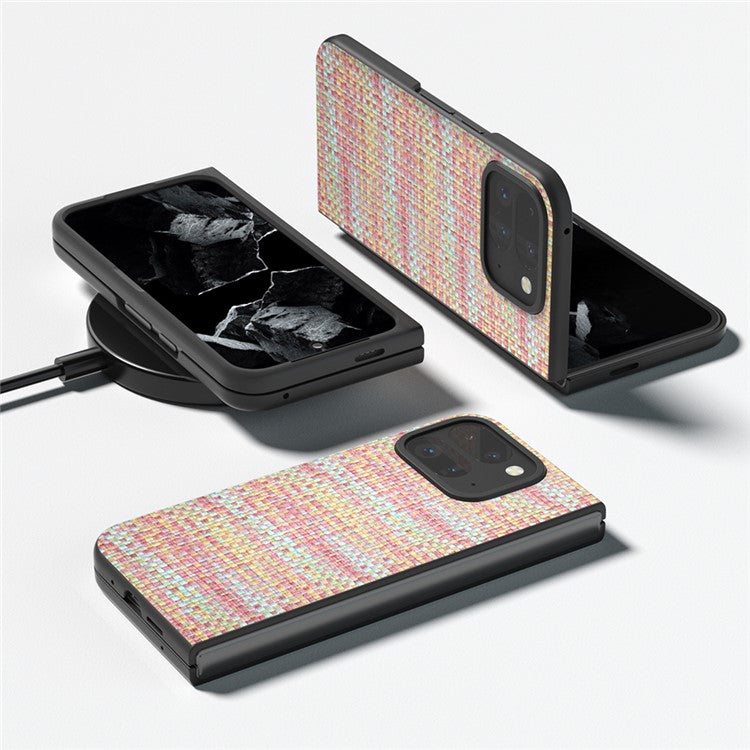 For Google Pixel 9 Pro Fold 5G Case Leather+PC Phone Cover Plaid Texture - Pink