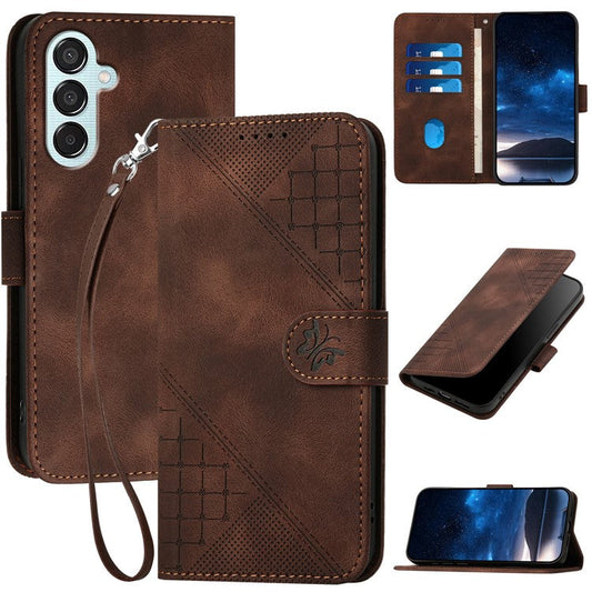 For Samsung Galaxy M15 5G / F15 5G Leather Wallet Case Butterfly Flower Imprinted Phone Cover with Strap - Brown