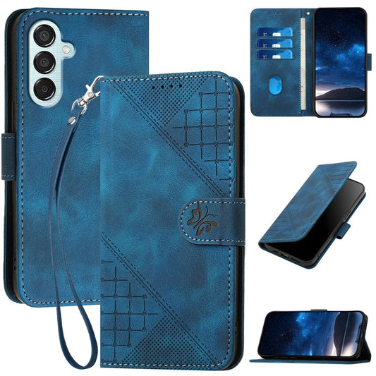 For Samsung Galaxy M15 5G / F15 5G Leather Wallet Case Butterfly Flower Imprinted Phone Cover with Strap - Sapphire