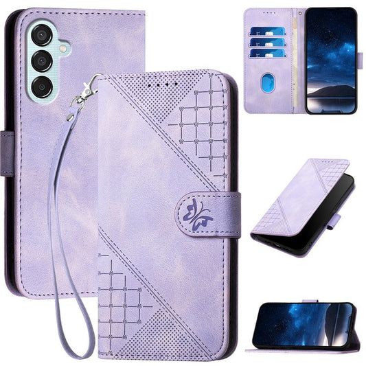 For Samsung Galaxy M15 5G / F15 5G Leather Wallet Case Butterfly Flower Imprinted Phone Cover with Strap - Light Purple