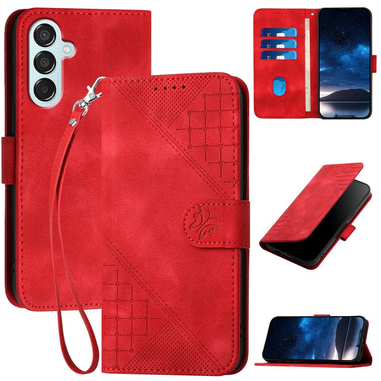 For Samsung Galaxy M15 5G / F15 5G Leather Wallet Case Butterfly Flower Imprinted Phone Cover with Strap - Red