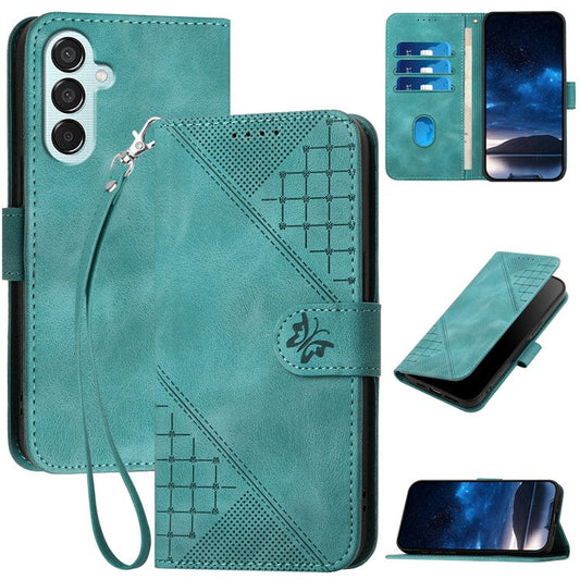 For Samsung Galaxy M15 5G / F15 5G Leather Wallet Case Butterfly Flower Imprinted Phone Cover with Strap - Baby Blue