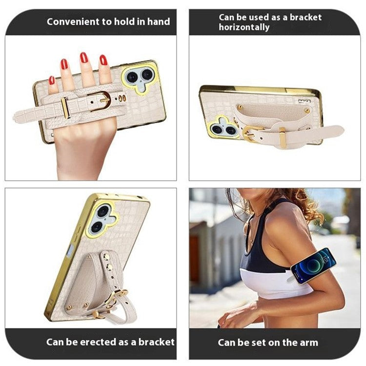 For iPhone 16 Case Crocodile Texture PU Leather+TPU Electroplating Phone Cover Wristband Kickstand - Red