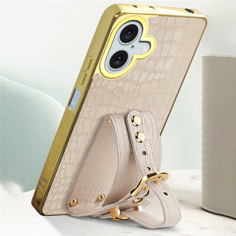 For iPhone 16 Case Crocodile Texture PU Leather+TPU Electroplating Phone Cover Wristband Kickstand - Red