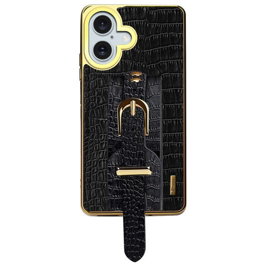 For iPhone 16 Plus Case Crocodile Texture PU Leather+TPU Electroplating Phone Cover Wristband Kickstand - Black