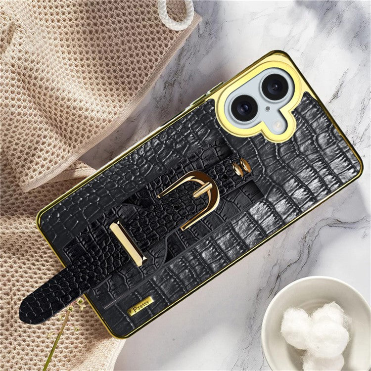For iPhone 16 Plus Case Crocodile Texture PU Leather+TPU Electroplating Phone Cover Wristband Kickstand - Black