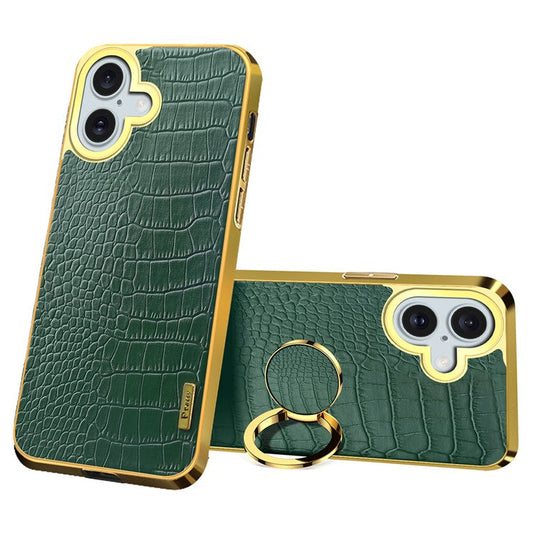 For iPhone 16 Plus Case Crocodile Texture Leather+TPU Electroplating Phone Cover with Ring Kickstand - Green