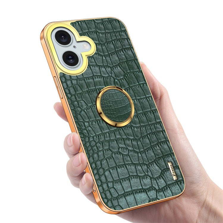 For iPhone 16 Plus Case Crocodile Texture Leather+TPU Electroplating Phone Cover with Ring Kickstand - Green