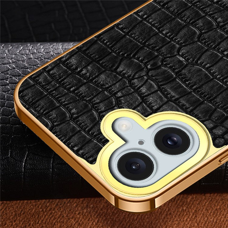 For iPhone 16 Plus Case Crocodile Texture Leather+TPU Electroplating Phone Cover with Ring Kickstand - Green