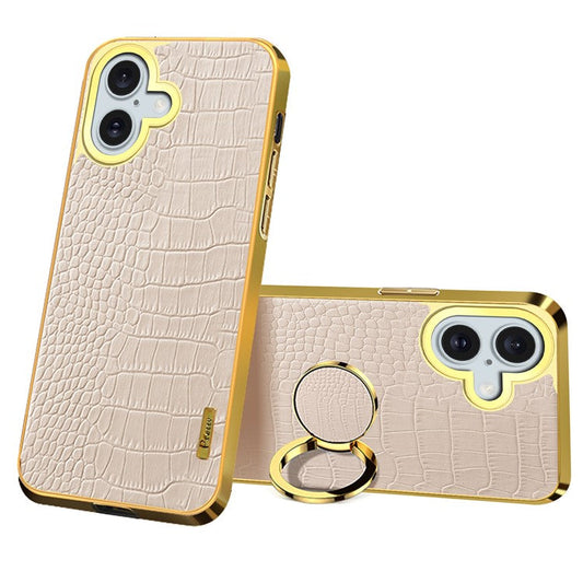 For iPhone 16 Plus Case Crocodile Texture Leather+TPU Electroplating Phone Cover with Ring Kickstand - White