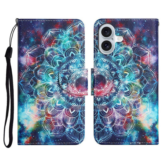 For iPhone 16 Case Pattern Printing Protective Leather Folio Phone Cover - Galaxy Mandala