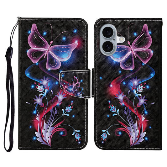 For iPhone 16 Case Pattern Printing Protective Leather Folio Phone Cover - Glowing Butterfly