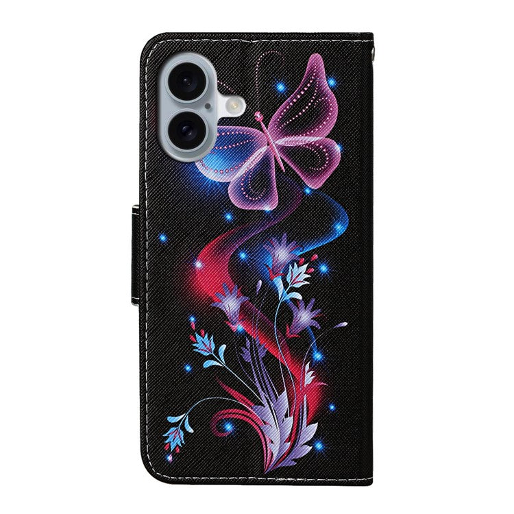 For iPhone 16 Case Pattern Printing Protective Leather Folio Phone Cover - Glowing Butterfly