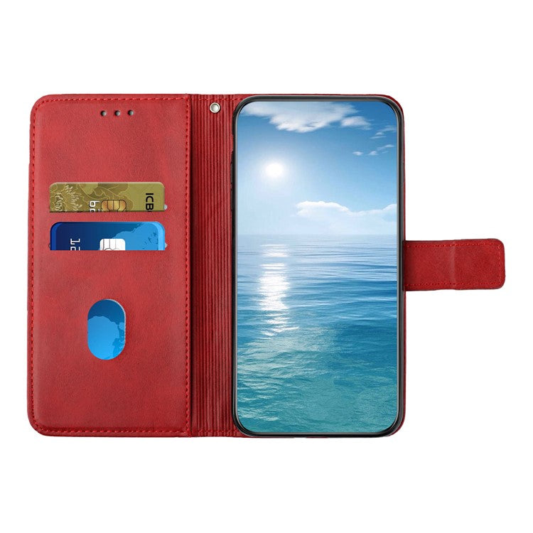 For iPhone 16 Plus Leather Case Line Pattern Wallet Phone Cover - Red