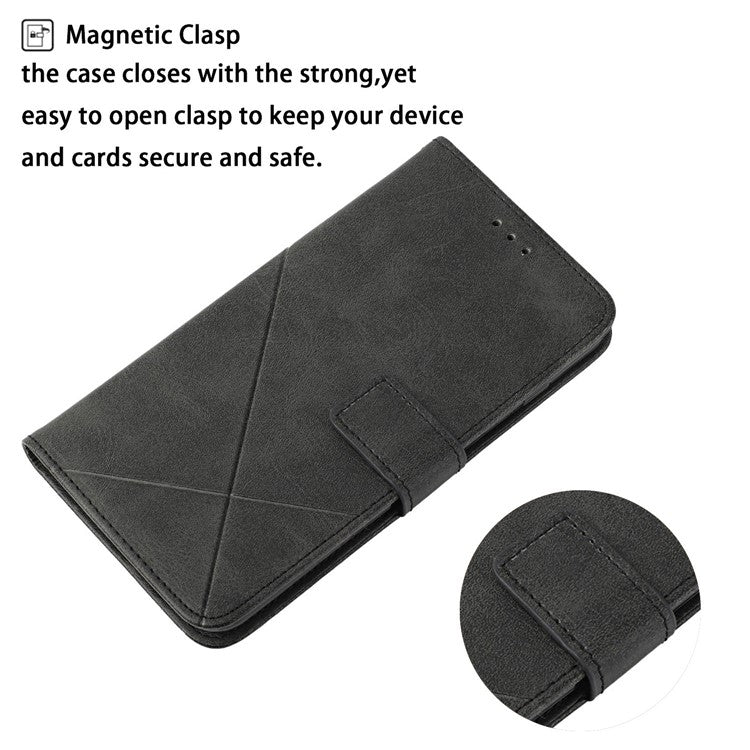 For iPhone 16 Leather Case Line Pattern Wallet Phone Cover - Black