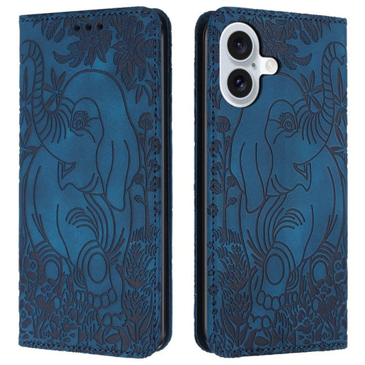 For iPhone 16 Plus Case PU Leather Wallet Phone Cover Elephant Pattern - Blue