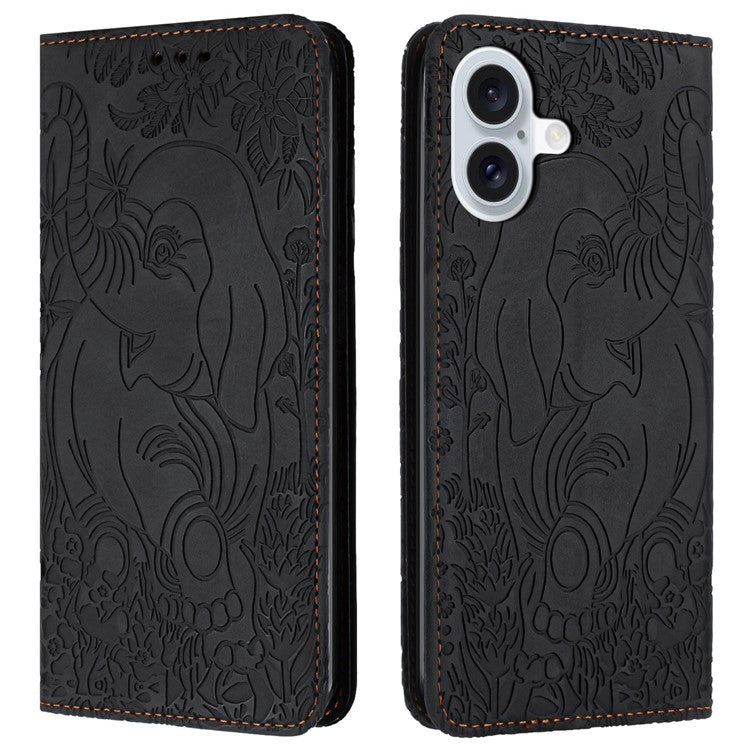 For iPhone 16 Plus Case PU Leather Wallet Phone Cover Elephant Pattern - Black