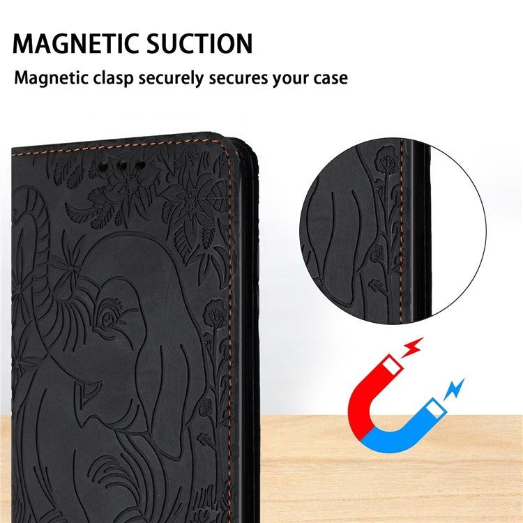 For iPhone 16 Plus Case PU Leather Wallet Phone Cover Elephant Pattern - Black