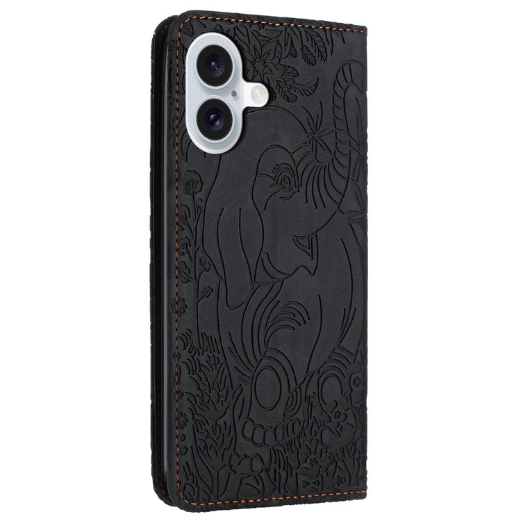For iPhone 16 Plus Case PU Leather Wallet Phone Cover Elephant Pattern - Black