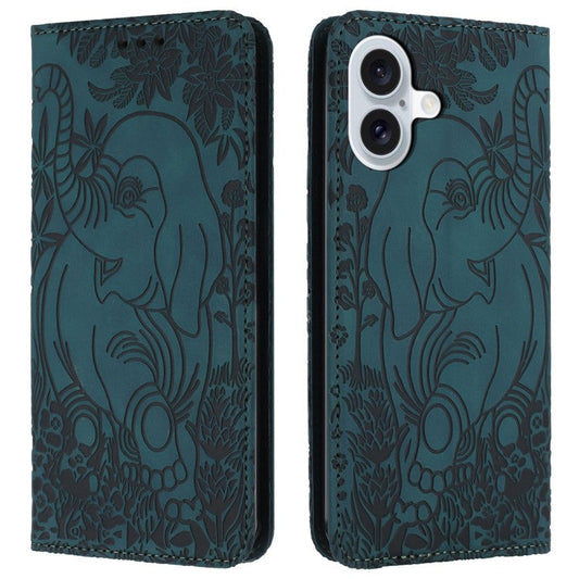 For iPhone 16 Plus Case PU Leather Wallet Phone Cover Elephant Pattern - Green