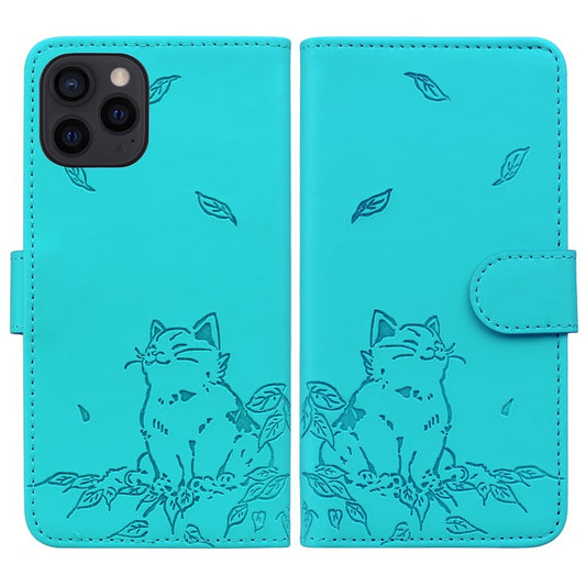 For iPhone 16 Pro Case Wallet Cat Pattern Imprinted Leather Phone Cover - Lake Blue