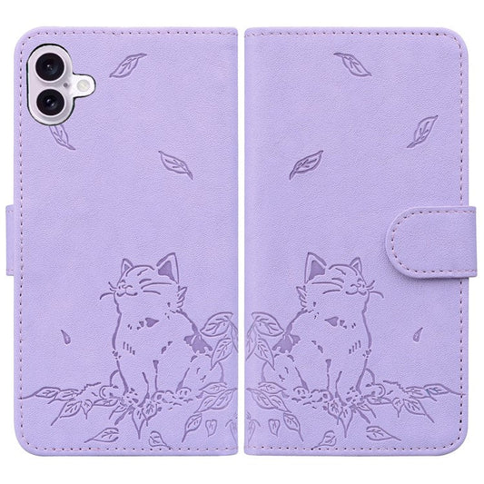 For iPhone 16 Plus Case Wallet Cat Pattern Imprinted Leather Phone Cover - Purple