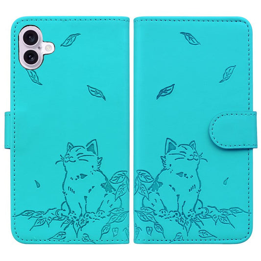 For iPhone 16 Plus Case Wallet Cat Pattern Imprinted Leather Phone Cover - Lake Blue