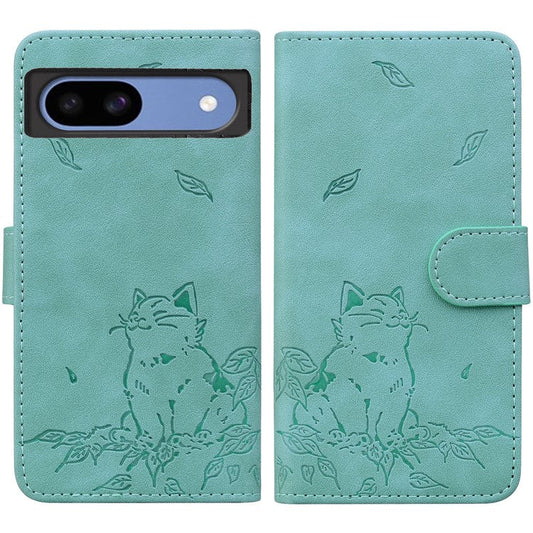 For Google Pixel 8a Case Wallet Cat Pattern Imprinted Leather Phone Cover - Green