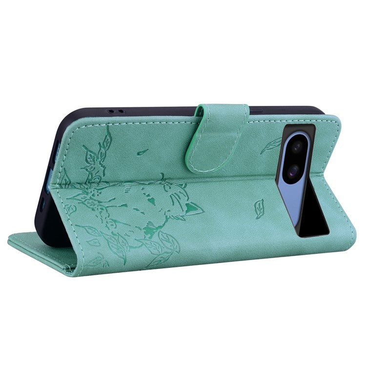 For Google Pixel 8a Case Wallet Cat Pattern Imprinted Leather Phone Cover - Green