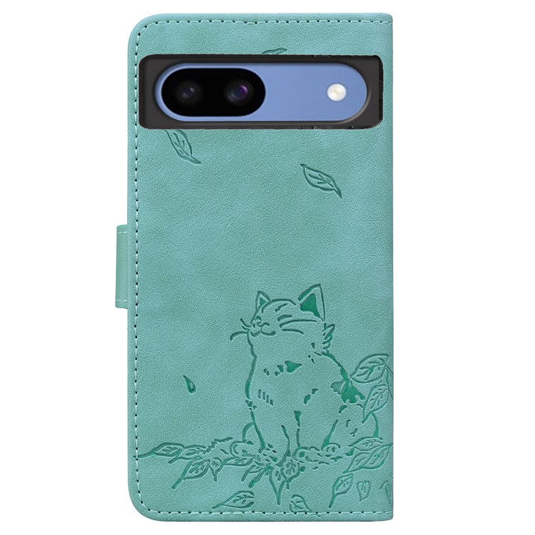 For Google Pixel 8a Case Wallet Cat Pattern Imprinted Leather Phone Cover - Green