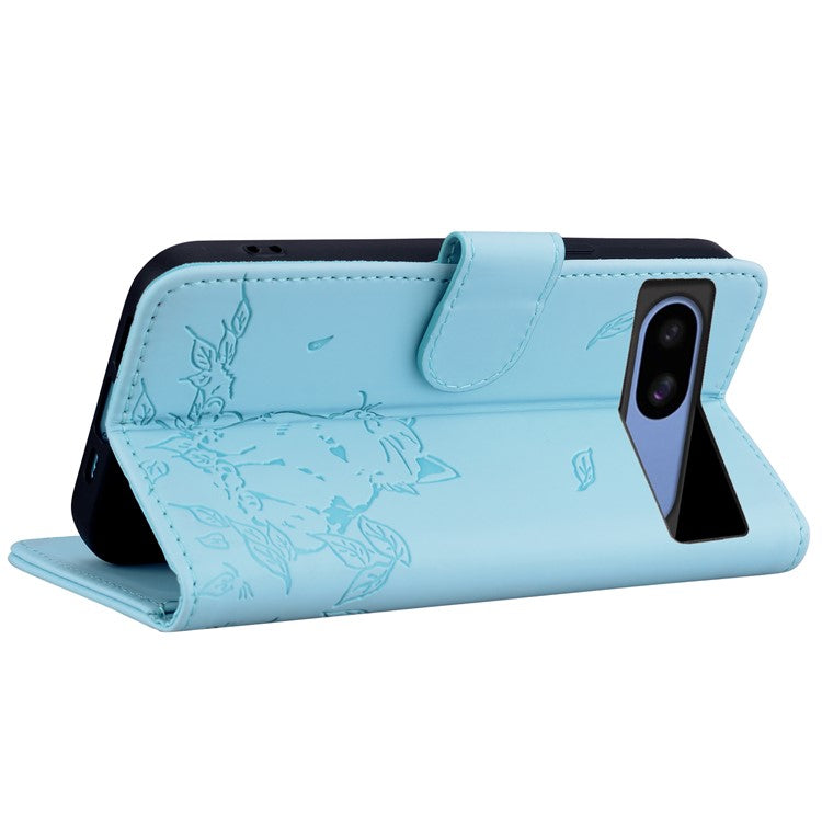 For Google Pixel 8a Case Wallet Cat Pattern Imprinted Leather Phone Cover - Sky Blue