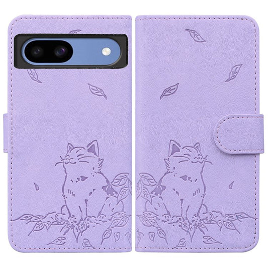 For Google Pixel 8a Case Wallet Cat Pattern Imprinted Leather Phone Cover - Purple