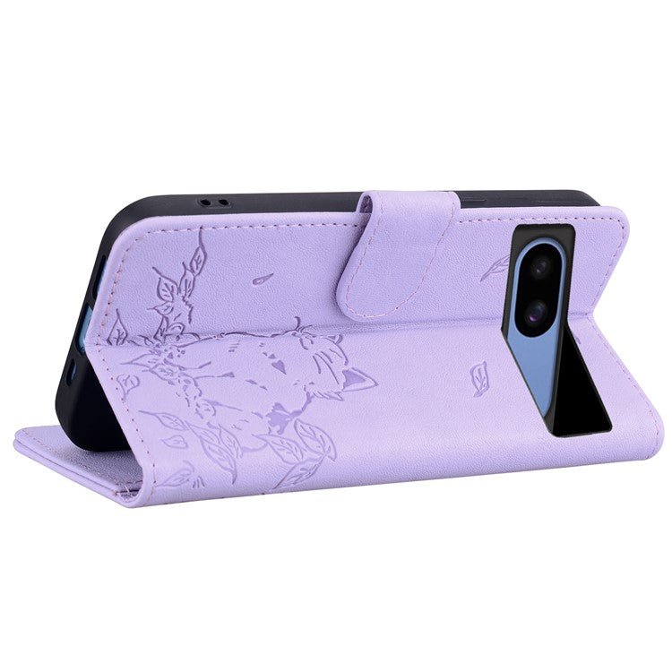 For Google Pixel 8a Case Wallet Cat Pattern Imprinted Leather Phone Cover - Purple