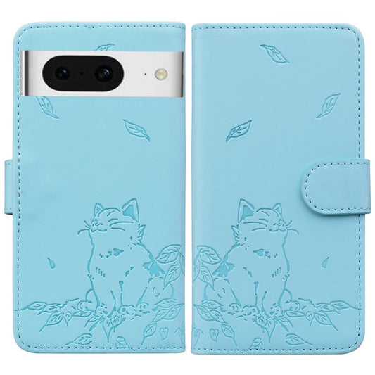 For Google Pixel 8 Case Wallet Cat Pattern Imprinted Leather Phone Cover - Sky Blue