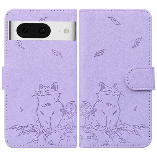 For Google Pixel 8 Case Wallet Cat Pattern Imprinted Leather Phone Cover - Purple